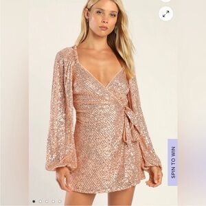Lulus You Glow Girl Rose Gold Sequin Wrap Skort Romper